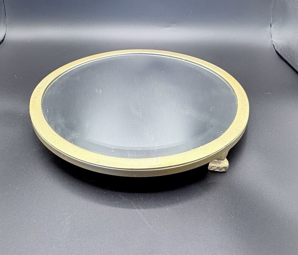 West Elm 14” Round Mirrored Tray Gold Brass Tone Footed Vanity Bar Decor